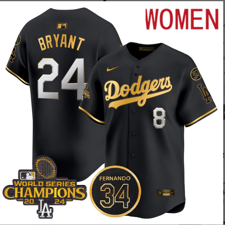 Women MLB Los Angeles Dodgers #24 Bryant black 2024 World Series Champions Patch Limited Jersey